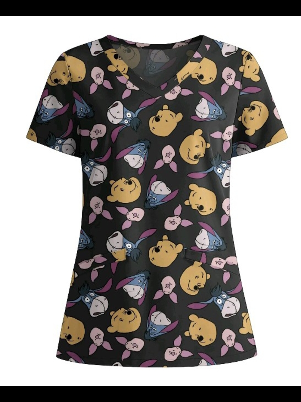 Disney Gray Yellow V-Neck Top with Winnie the Pooh, Eeyore & Piglet Faces Medium
